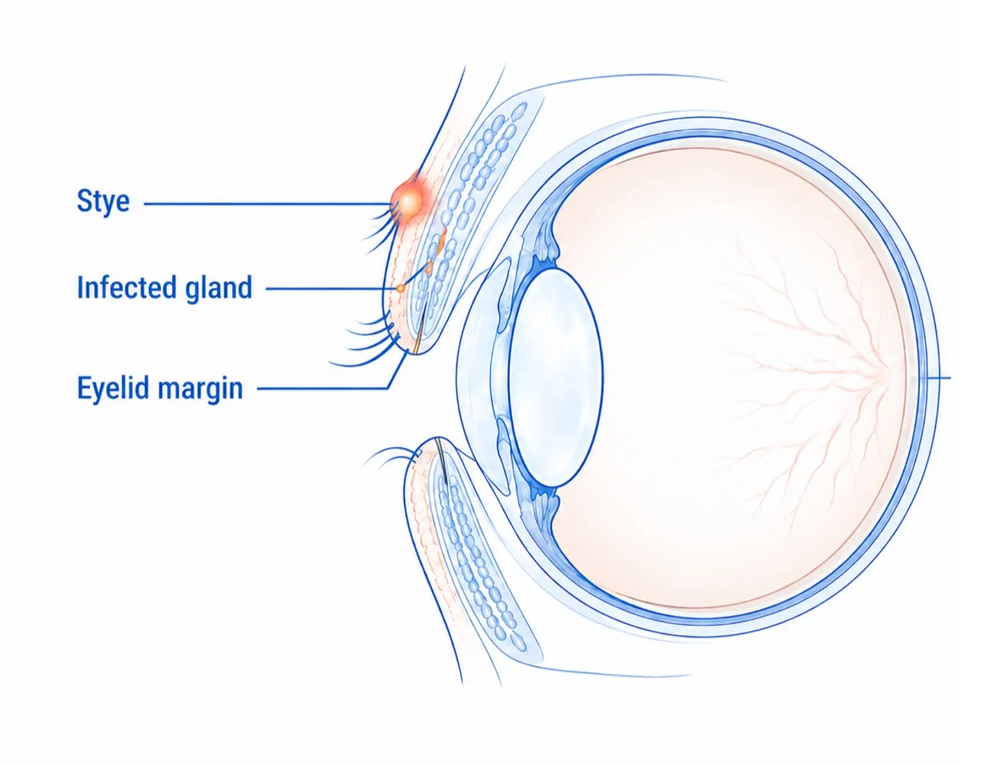 Illustration of a stye: an infected gland at the eyelid margin, near the eyelashes